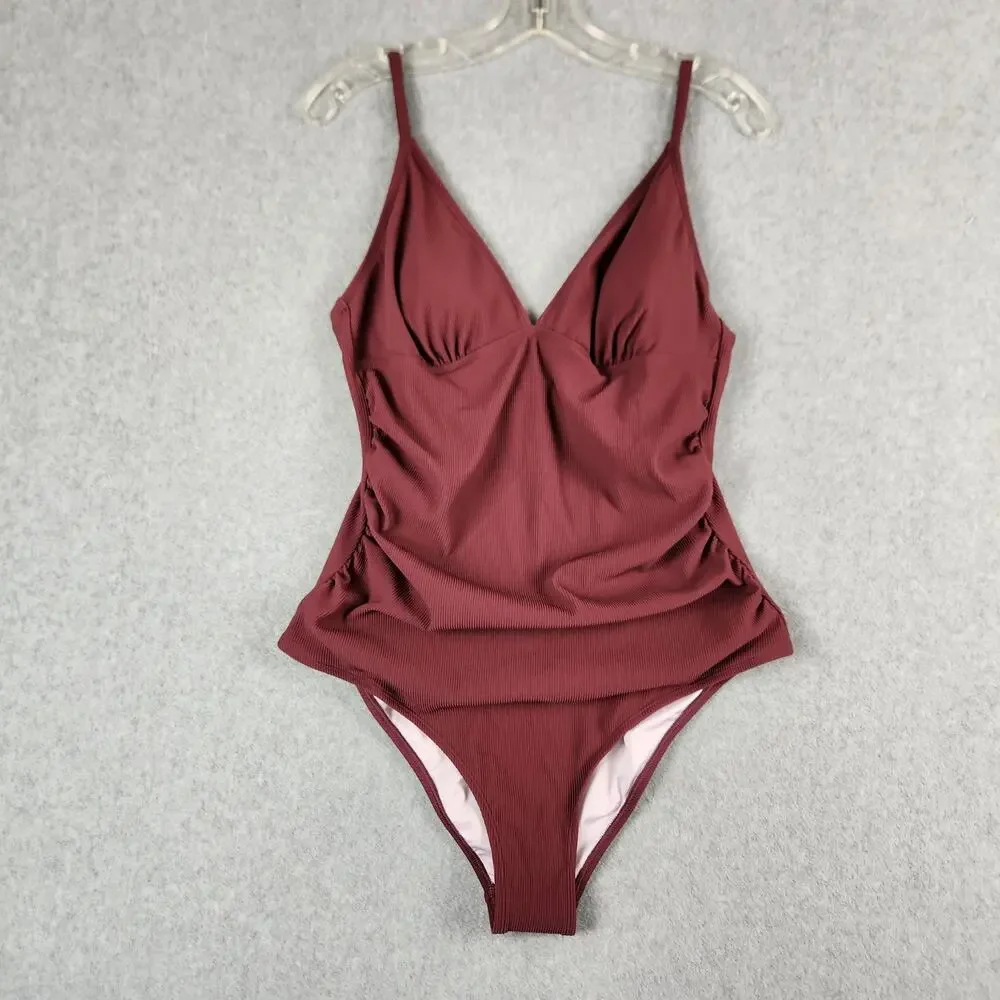 🌼NWT Cupshe Swimsuit Large One Piece Removable Cups Adj Straps Ribbed Burgandy - Picture 6 of 16